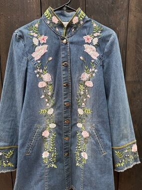 Simon Chang Spring Embroidered Denim Coat, Thigh Length, Size 6